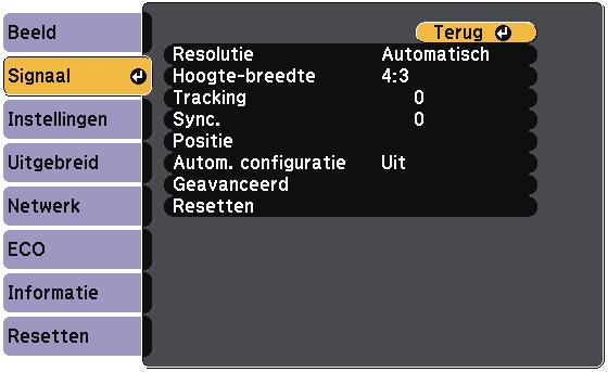 Instellingen ingngssignl - Menu Signl Norml gesproken detecteert en optimliseert de projector de instellingen vn het ingngssignl utomtisch.