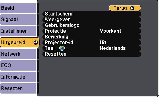 Instellingen configurtie vn de projector - menu Uitgebreid 111 Met de instellingen in het menu Uitgebreid kunt u verschillende functies vn de projectorinstelling npssen.