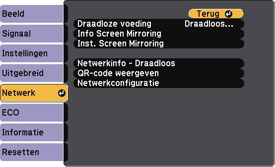 Instellingen projectornetwerk - menu Netwerk Vi de instellingen in het menu Netwerk kunt u netwerkinformtie weergeven en de projector instellen voor het bedienen vi een netwerk.