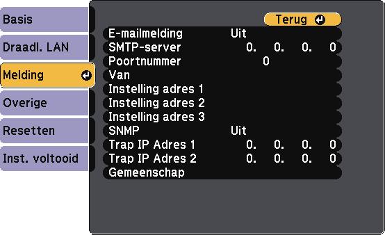 Instellingen projectornetwerk - menu Netwerk 118 Instelling Opties Beschrijving IPv6-instellingen IPv6 Autom.