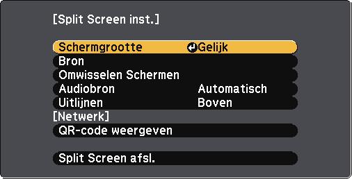 Twee beelden tegelijk projecteren U kunt de functie Split screen gebruiken om simultn twee beelden te projecteren vn verschillende beeldbronnen (EB U42/EB W42/EB W41/EB U05/EB