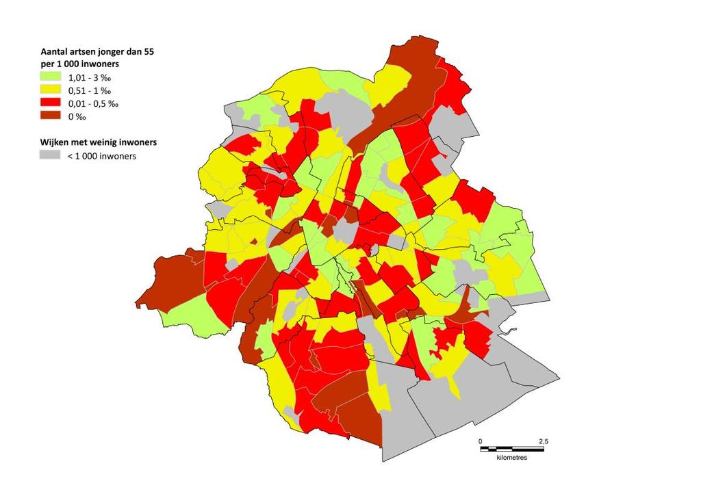 Jette Ganshoren Koekelberg St-A-Berchem St-J-Molenbeek Brussel-stad Schaarbeek Evere St-Joost-ten-Node St-Lambrechts-Woluwe Mogelijke tekorten binnen 10 jaar (obv aantal artsen jonger dan 55 jaar) :