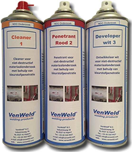 NFORMATEFCHE 15 PENENTRANT TEST Penetrant onderzoek wordt gebruikt om scheuren te detecteren in nonferro legeringen. Hoe ga je tewerk? 1. Reinig het gelaste deel met de cleaner (spuitbus 1). 2.