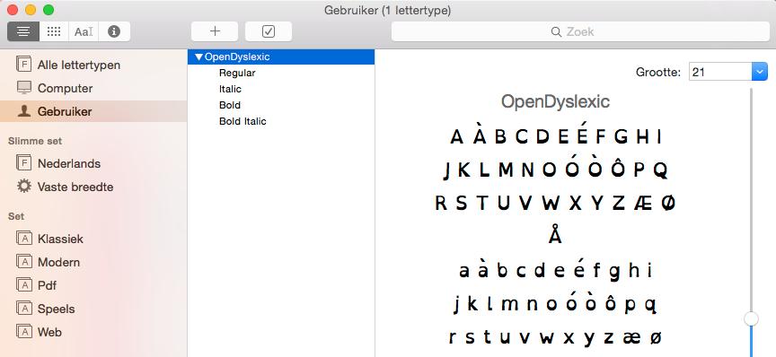 5. Open het lettertypeboek en sleep de resterende lettertypen van de map OpenDyslexic naar het lettertypeboek. 6. Sluit nu het lettertypeboek.