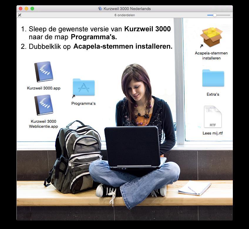 2.2.2 Voer de installatie uit 4. Sleep het toepassingsbestand Kurzweil 3000 Weblicentie.app naar de map Programma s. 5. Wacht even tot het programma geïnstalleerd is.