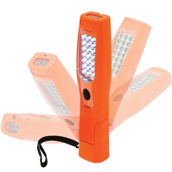 Pliante à 180 pour positionnement flexible. 2 Aimants et 2 crochets de suspension. 250x39x25mm. 360gr. Lampe d'inspection orange, rechargeable. Fonction torche à LEDs.