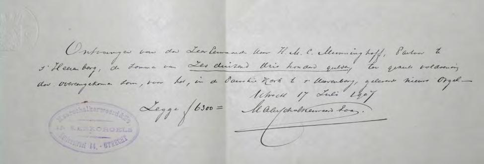 886 den 26 Juni 1906. 6300,- De bijbehorende kwitantie met firmastempel is eveneens aanwezig: Ontvangen van den Zeer Eerwaarde Heer H.M.C Munninghoff, Pastoor te //.