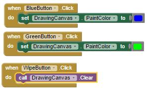 De derde functie: De kleur veranderen. In Designer hebben we knoppen aangemaakt om de tekenkleur aan te passen. Nu ga je dit programmeren.