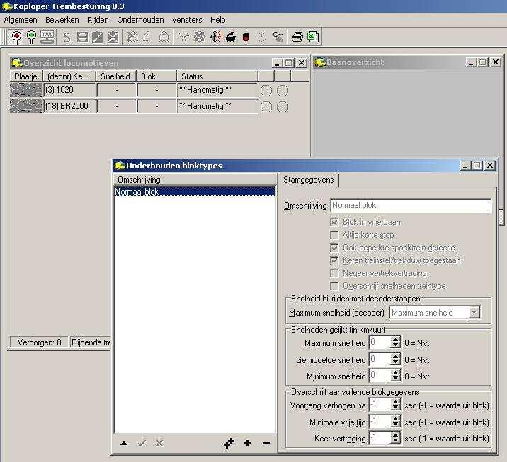 Klik op + vinkjes om een nieuw bloktype toe te voegen en vul bij omschrijving de naam Stationsblok in. Selecteer bij maximum snelheden (decoder) Gemiddelde snelheid.