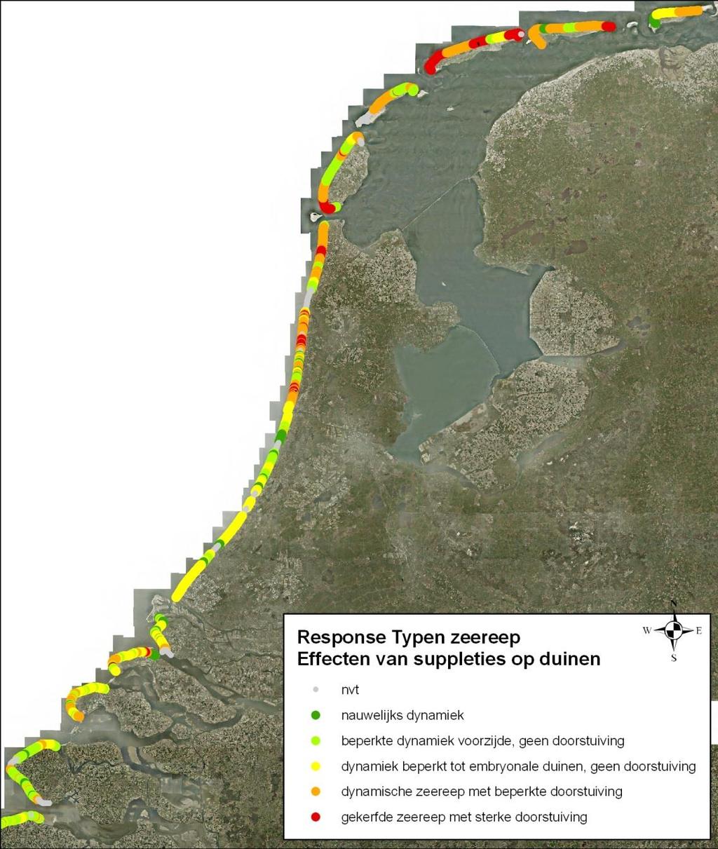 Figuur 1.1 Verbreiding van de vijf onderscheiden responstypen van de zeereep langs de Nederlandse kust (naar Arens et al.