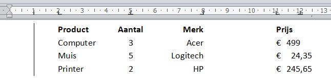 Verwijder de centreer tab van 5 cm, zorg wel dat alle regels in de tabel geselecteerd zijn Plaats een nieuwe links uitlijnende tab op 5 cm Vervang de rechts uitlijnende tab van 8 cm door een links