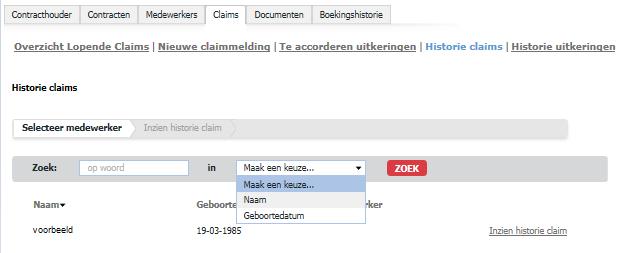 - Ga naar tabblad Claims - Klik op Historie claims - Sorteer op naam of