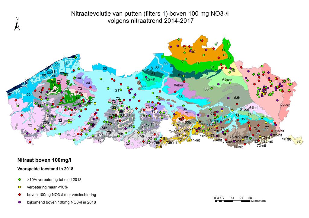 Voor 1,5 % van de meetputten duidt de trend aan dat de waterkwaliteit verder verbetert, maar de doestelling nog niet wordt gehaald (< 10% afname van de nitraatconcentratie).