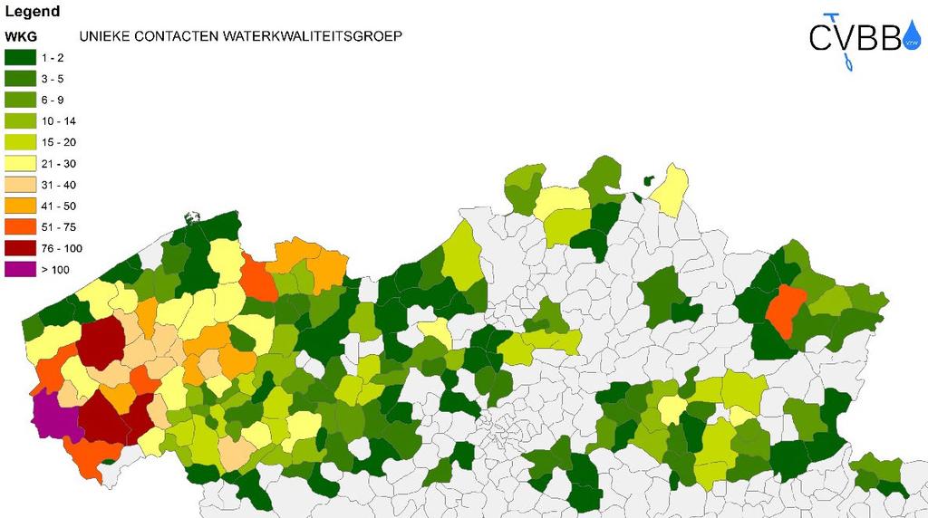 3.2 BEGELEIDING DOOR HET CVBB 3.2.1 Waterkwaliteitsgroepen brengen landbouwers samen Situering van de waterkwaliteitsgroepen Waterkwaliteitsgroepen zijn door het Coördinatiecentrum voorlichting en