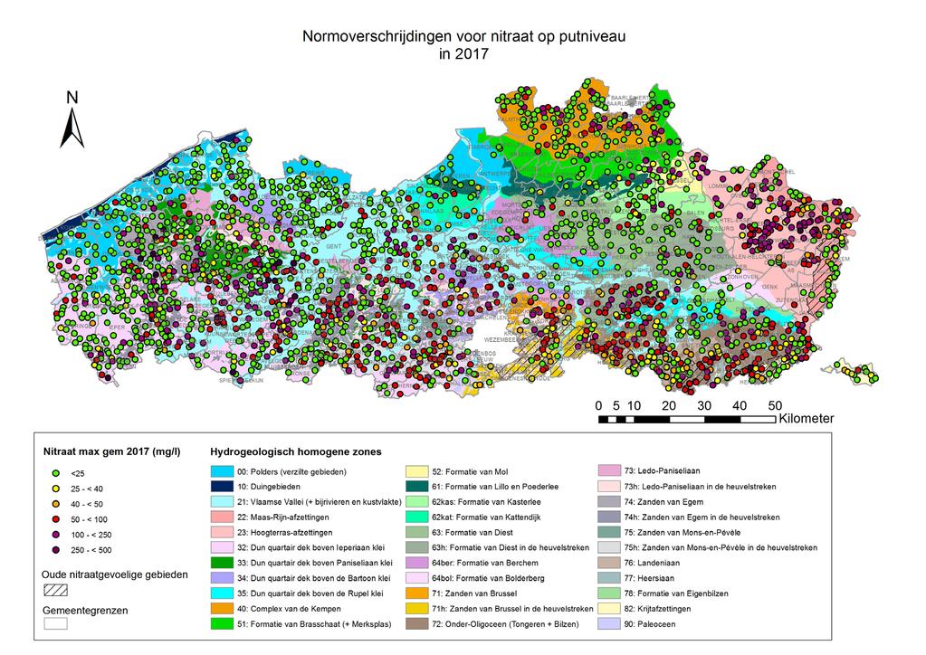 Figuur 73 Maximale gemiddelde nitraatconcentratie per put van het freatische grondwatermeetnet in 2017 Voor elke HHZ wordt de evolutie van de nitraatgehalten op filterniveau 1 bepaald (Figuur 74).