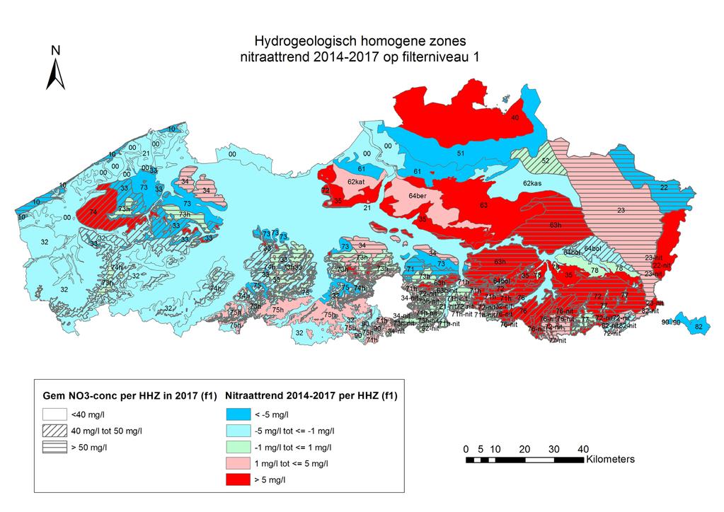 Naast de trendevolutie van de voorbije vier jaar is in Figuur 74 ook het gemiddelde nitraatconcentratieniveau van de verschillende HHZ s op basis van drie klassen weergegeven: zones waarvan de