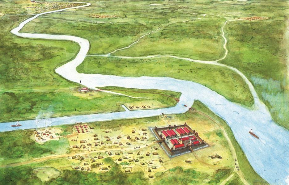 Overal langs de Rijn bouwden de Romeinen forten om die grens te verdedigen: bij Valkenburg, Alphen aan den Rijn, Woerden, Utrecht, Nijmegen en ook bij Leiden.