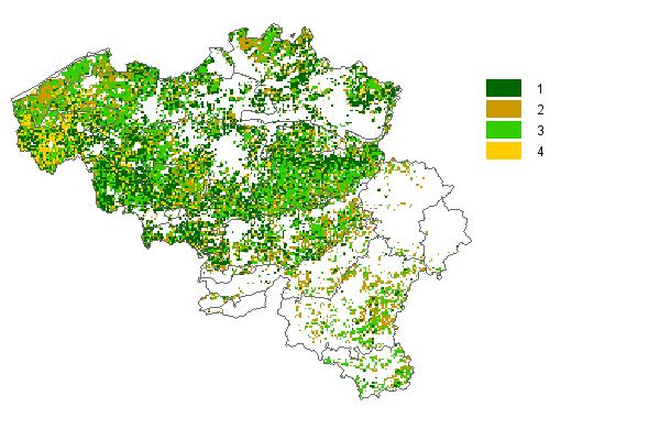 Figuur 4: Classificatie van de verschillen van de vegetatie-index (fapar) ten opzichte van het gemiddelde (2003-2017) in 4 klassen en evolutie van de verschillen per klasse van 1 maart tot en met 30