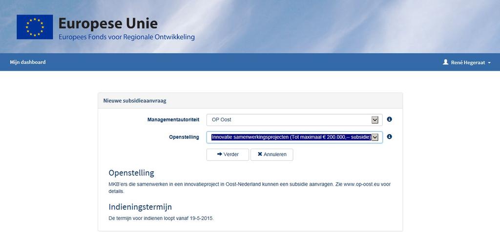 Printscreen 6: selecteren regeling Op het moment dat de Openstelling is geselecteerd zie je onder het kopje een korte samenvatting waar de subsidie voor wordt aangevraagd en bij Indieningstermijn het