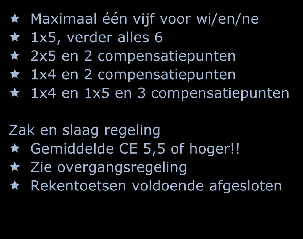 Overgangsregeling Maximaal één vijf voor wi/en/ne 1x5, verder alles 6 2x5 en 2 compensatiepunten 1x4 en 2 compensatiepunten 1x4 en