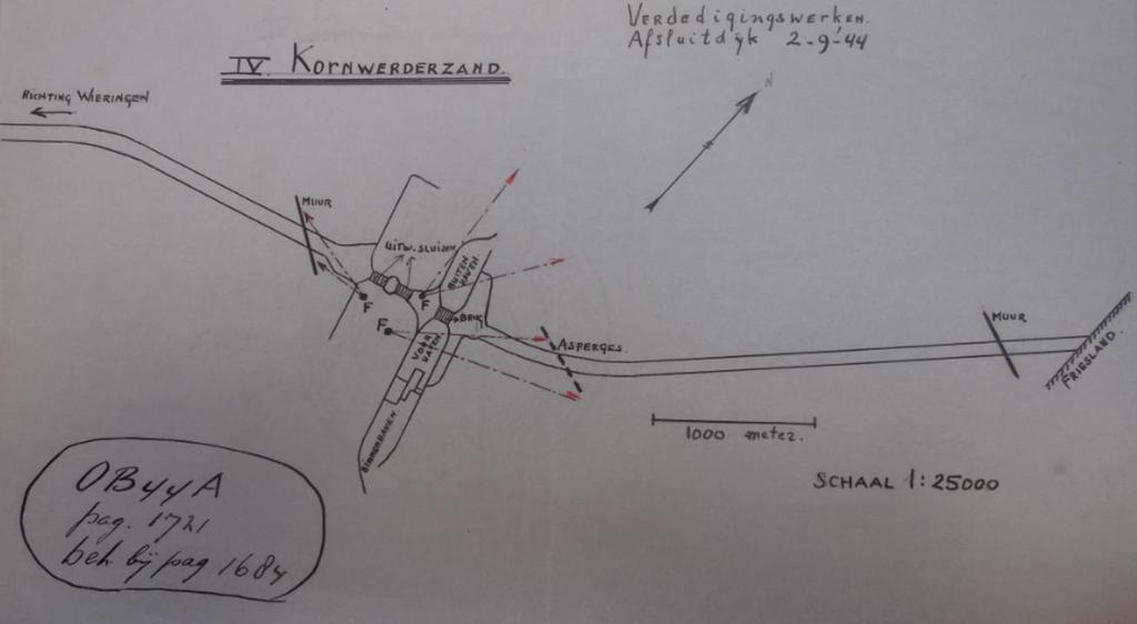 2 september 1944 Afbeelding 4: de locaties van de versperringen aangegeven bij Kornwerderzand. 129 [RAP_440902A] In Kornwerderzand bevonden zich 40 W.M. mannen. Al het geschut was kaliber 7,5 cm.
