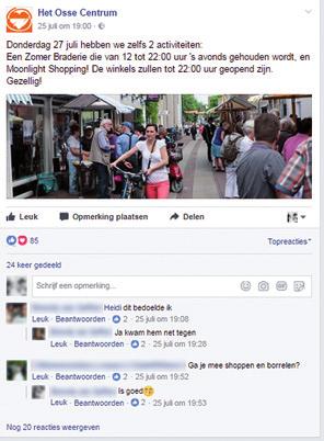 Zo kreeg deze post over de zomerbraderie 85 likes, werd 24 keer gedeeld en had 22 reacties. Vooral door het grote aantal shares bereikt het bericht duizenden consumenten. Allesinalphen.nl.