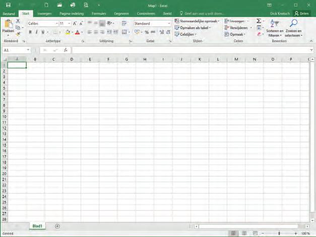 Rekenen met Excel 1 Het programmavenster verschijnt: titelbalk werkbalk Snelle toegang tab Bestand lint formulebalk bewerkingsvenster 3 Pas de werkbalk Snelle toegang aan via het menu van de werkbalk.