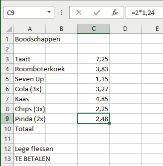 Basis Excel 2016 Rekenen met Excel Een fles Cola kost 1,09. Je kunt natuurlijk uit je hoofd uitrekenen dat drie flessen Cola 3,27 kosten. Maar je kunt het ook door Excel laten uitrekenen!