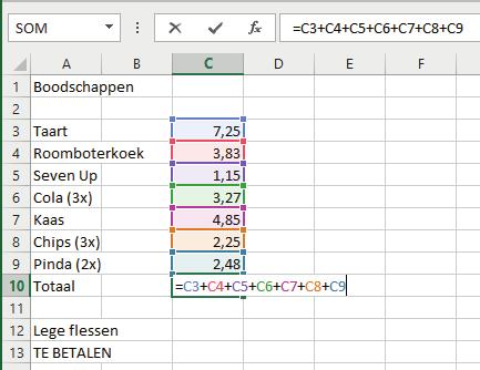 Rekenen met Excel 1 6 Maak nu de formule af, zodat er komt te staan: =C3+C4+C5+C6+C7+C8+C9 Elke cel heeft met een apart kleurtje gekregen: 7 Sluit af met Enter.
