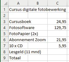 Rekenen met Excel 1 EINDOPDRACHTEN Je maakt een nieuwe werkmap. Je voert de bedragen in en berekent het totaal. Tot slot sla je de werkmap op onder de naam Cursus.