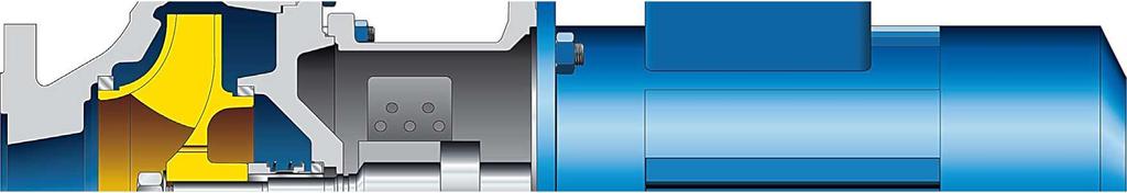 axiale stromingsingang en een radiale stromingsuitgang. Het hydraulisch gedeelte is via een steekaskoppeling vast met de motor verbonden.