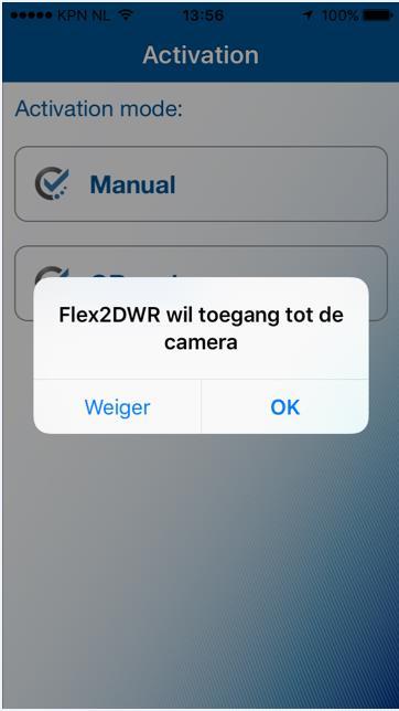 De Flex2DWR app vraagt om toegang tot de camera (iphone), sta dit toe of start