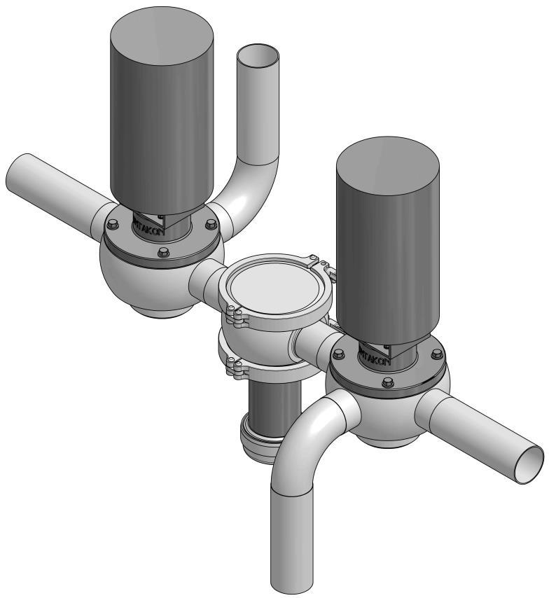 Verwijdering van ferromagnetische deeltjes in een CIP configuratie Dubbele klep configuratie Schoonmaakpijp (in) Schoonmaakklep (in) Productpijp (in) Schoonmaakklep (uit) Productpijp (uit) SFH