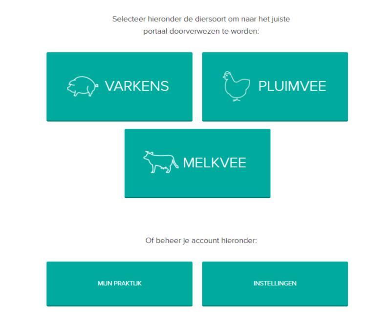 4. Functionaliteiten Wanneer u aanmeldt in het verschaffersportaal komt u terecht op de Homepagina. Via deze startpagina kan u doorklikken op de diersoort waarvan u de gegevens wil raadplegen.