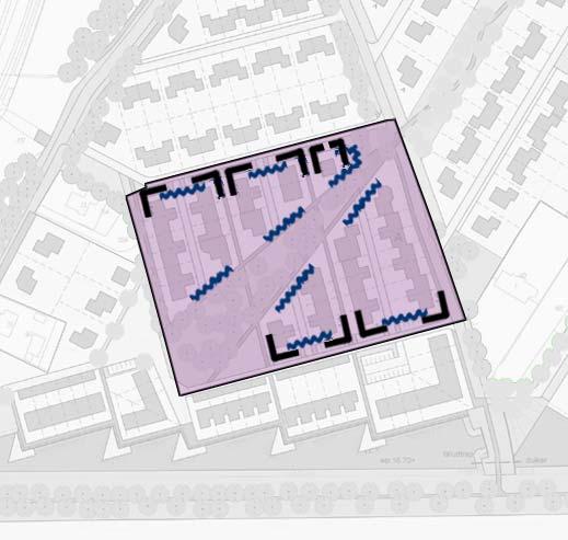 Gebied B: De lage compacte plek Direct achter de westkant van de rand langs het Twentekanaal worden woningen op een vrij compacte en kleinschalige wijze in een rechthoekig patroon gebouwd.