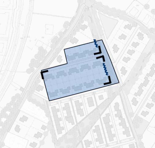 Gebied C: De hoge compacte plek Direct ten noorden van gebied B worden woningen ook op een vrij compacte en wat grootschaliger wijze in een rechthoekig patroon gebouwd.