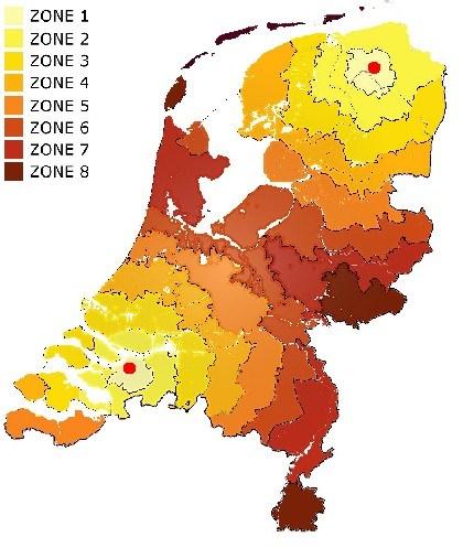 Bijlage 1 Zone indeling Opmerking: De gebieden in de Achterhoek en Zuid Limburg die aangeduid zijn met zone 8, waren tijdelijk in zone 7 ingedeeld in de periode dat de bieten verwerkt werden in de