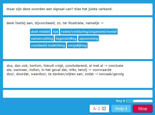 Oefening D1 is een koppels-oefening waarin alle reeds eerder aangeleerde signaalwoorden nog eens langskomen. Onder de Help-knop zit een spiekscherm.