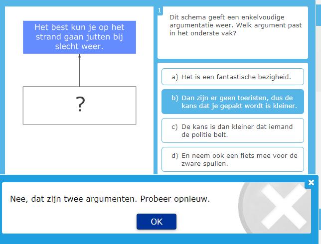 In de oefeningen verschijnen af en toe stroomschema s van argumentaties waaraan een of meer onderdelen ontbreken, die ingevuld moeten worden.