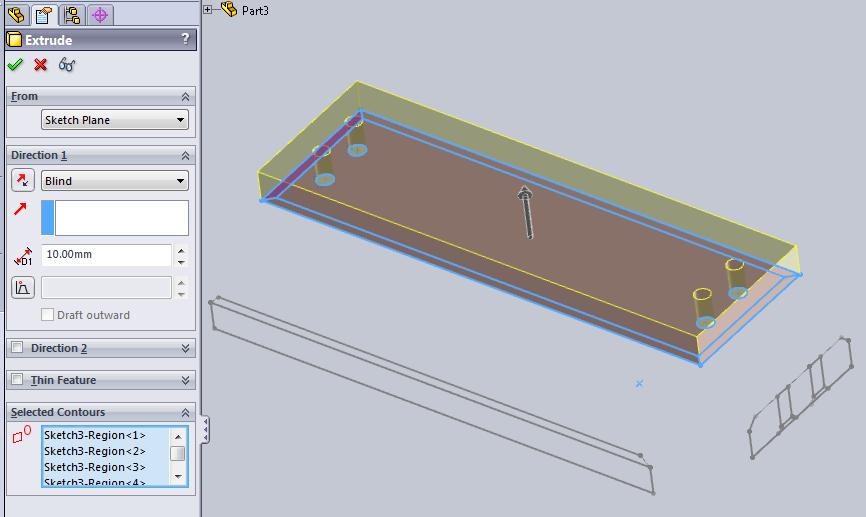 . Nu ga je de stappen en herhalen om van de sketch een model te maken.. Klik in de Command- Manager op de eerste Sketch(in het voorbeeld Sketch). Klik op Extruded Boss/Base 9.