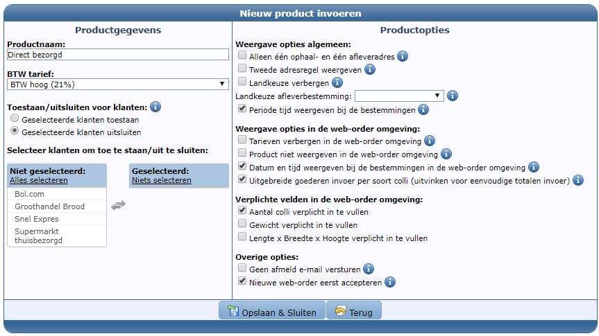 6. Klik op Opslaan & Sluiten om terug te keren naar het Productenoverzicht.