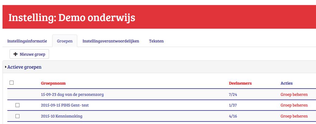 Je klikt op 1 van de 3 Acties : allen leiden ze naar het vragenlijstniveau (gekenmerkt door de grijze kleur) met zijn eigen 4 tabbladen. De hoofding boven nml.