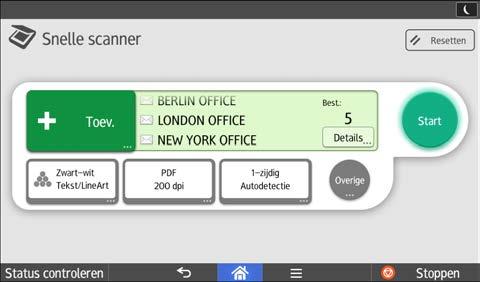 Het gebruik van elke toepassing [Snelle scanner]-scherm 1 2 3 4 5 6 NL DLN222 1. Selecteer een e-mail of mapbestemming. U kunt ook een e-mailbestemming handmatig invoeren. 2. Selecteer een kleurenmodus.