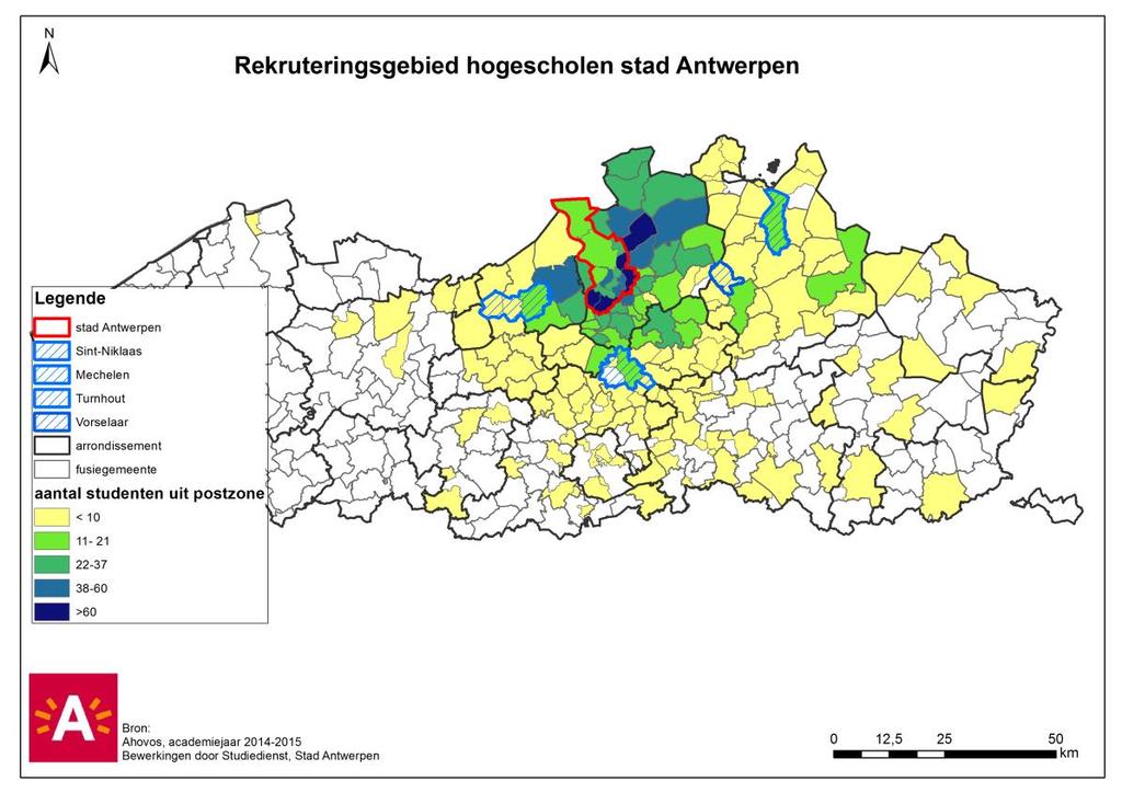 KAART 1: REKRUTERINGSGEBIED HOGESCHOLEN STAD ANTWERPEN Bron: AHOVOS Bewerkingen door Studiedienst stad Antwerpen (SSO) Het rekruteringsgebied voor de bacheloropleiding kleuter en lager onderwijs in