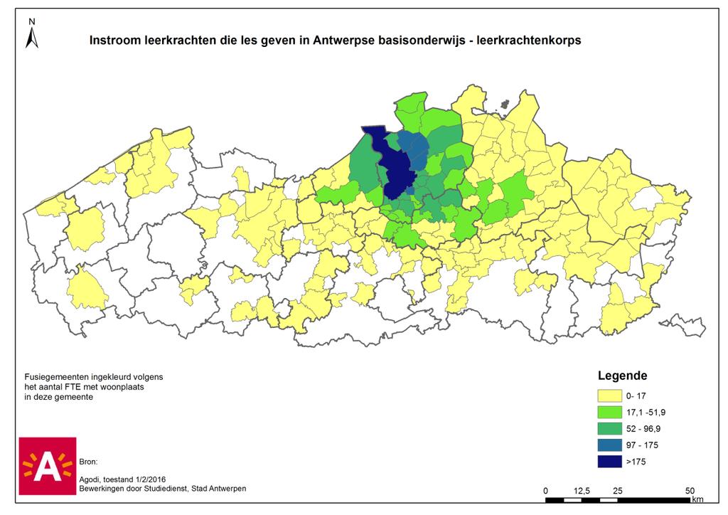 De onderstaande kaartjes geven voor zowel het leerkrachtenkorps als de vervangers weer uit welke gemeenten de leerkrachten die in Antwerpen les geven,