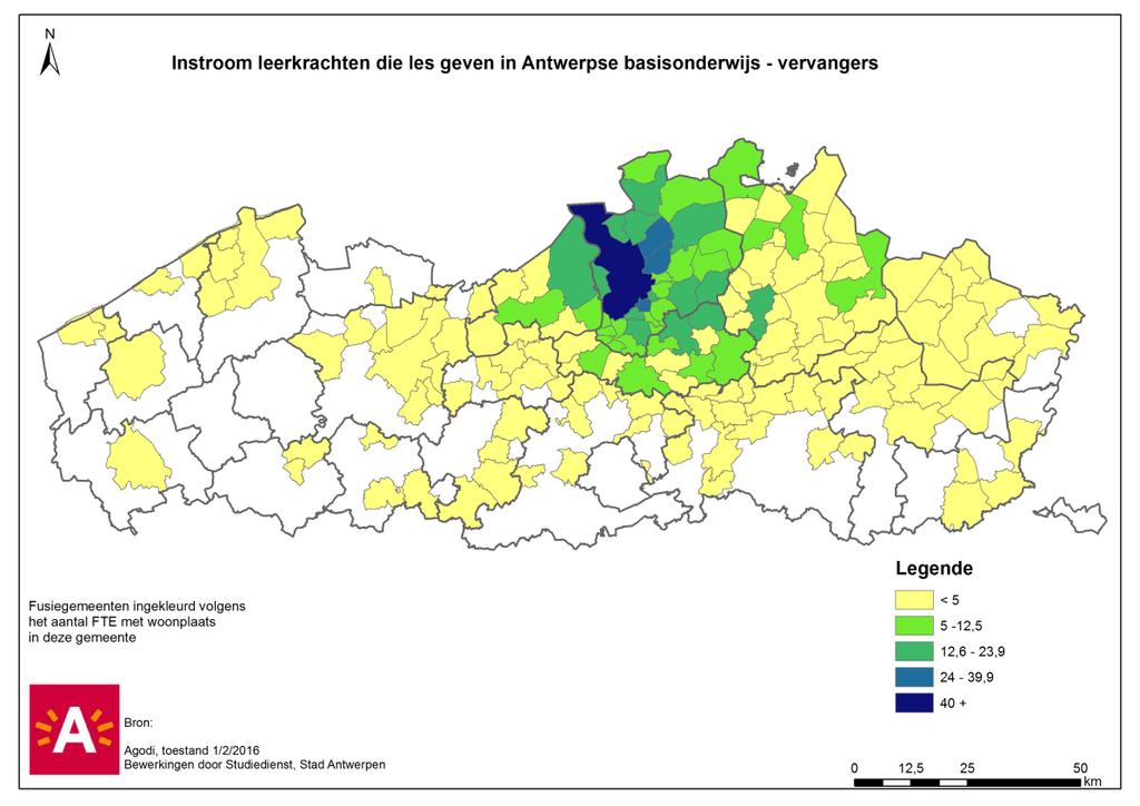 Bij het leerkrachtenkorps werkt ongeveer één op vier leerkrachten met woonplaats in de stad Antwerpen buiten de stad.