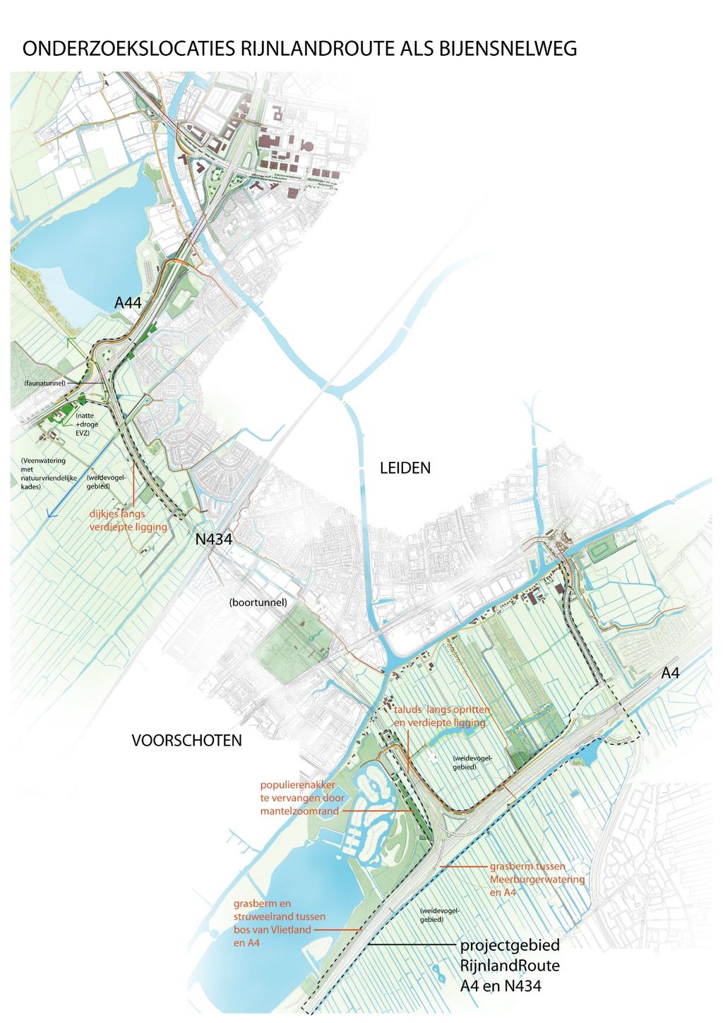 Figuur 1. Overzicht onderzoekslocaties RijnlandRoute als bijen snelweg.