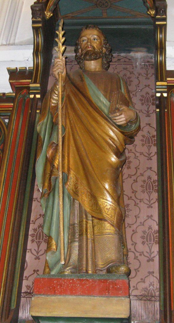 Beelden ( neogotisch hout met polychromie) Mariabeeld (ca.125 cm.) Maria met kind op haar linkerarm.