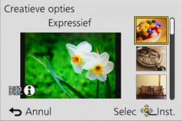 Toepassing (opname) Foto s maken met verschillende foto-effecten [Creatieve opties]-modus Opnamemodus: U kunt uw eigen instellingen selecteren uit diverse effecten en foto s