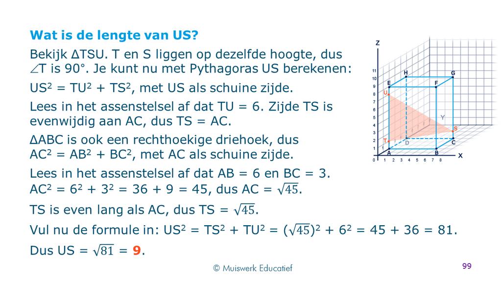 Berekening van doorsnijdingen. In de uitleg wordt het volledige plaatje met de volledige berekening gegeven. In de oefening zelf wordt dit stap voor stap gedaan.